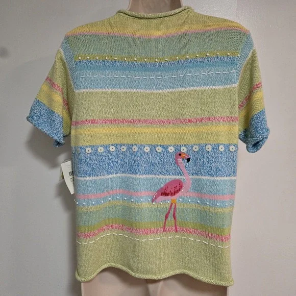 Susan Bristol Size S Short Sleeve Sweater Cardigan Beaded Flamingos 2001 NEW - Picture 3 of 8